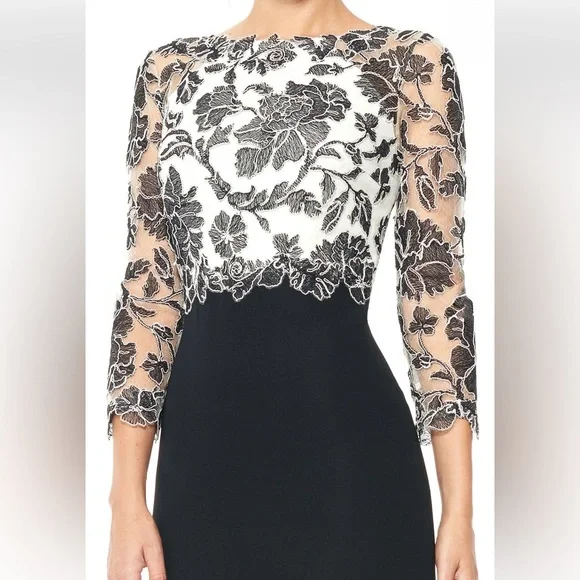 Tadashi Shoji Peony Embroidered Lace Top Black Ivory Gown Dress Size 16 - Picture 3 of 15